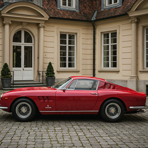 Vintage Ferrari 250 GTO in Rosso Corsa, makellos poliert in elegantem Innenhof mit natürlichem Sonnenlicht