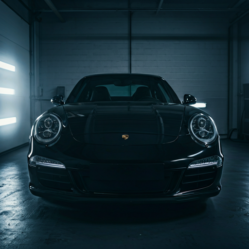 Glänzender schwarzer Porsche 911 nach Keramikversiegelung mit dramatischem Studioblitz und spiegelnder Motorhaube