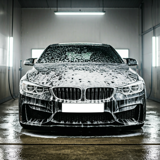 Eleganter schwarzer Sportwagen bei der professionellen Schaumwäsche in einer erstklassigen Detailing-Werkstatt
